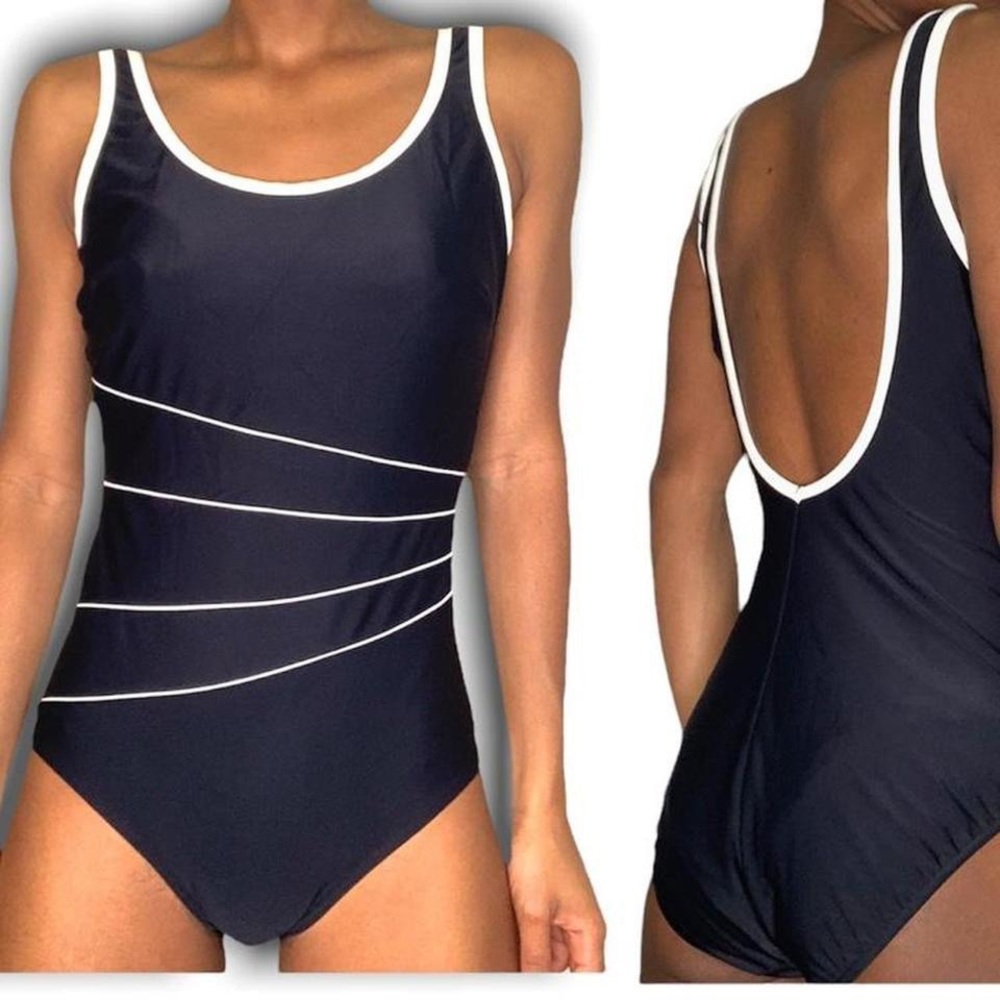 Black Maillot one piece swimsuit with diagonal curved white lines